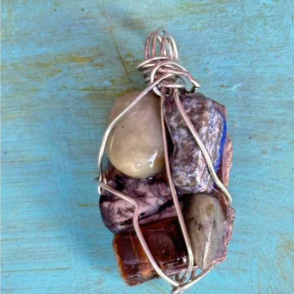 Necklace Pendant, Handmade assemblage Wire Wrapped real Stones Resin Set 4300 G - Picture 6 of 10